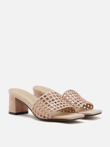 PAZZION, Iris Crystal Embellished Perforated Mule Heels, Almond